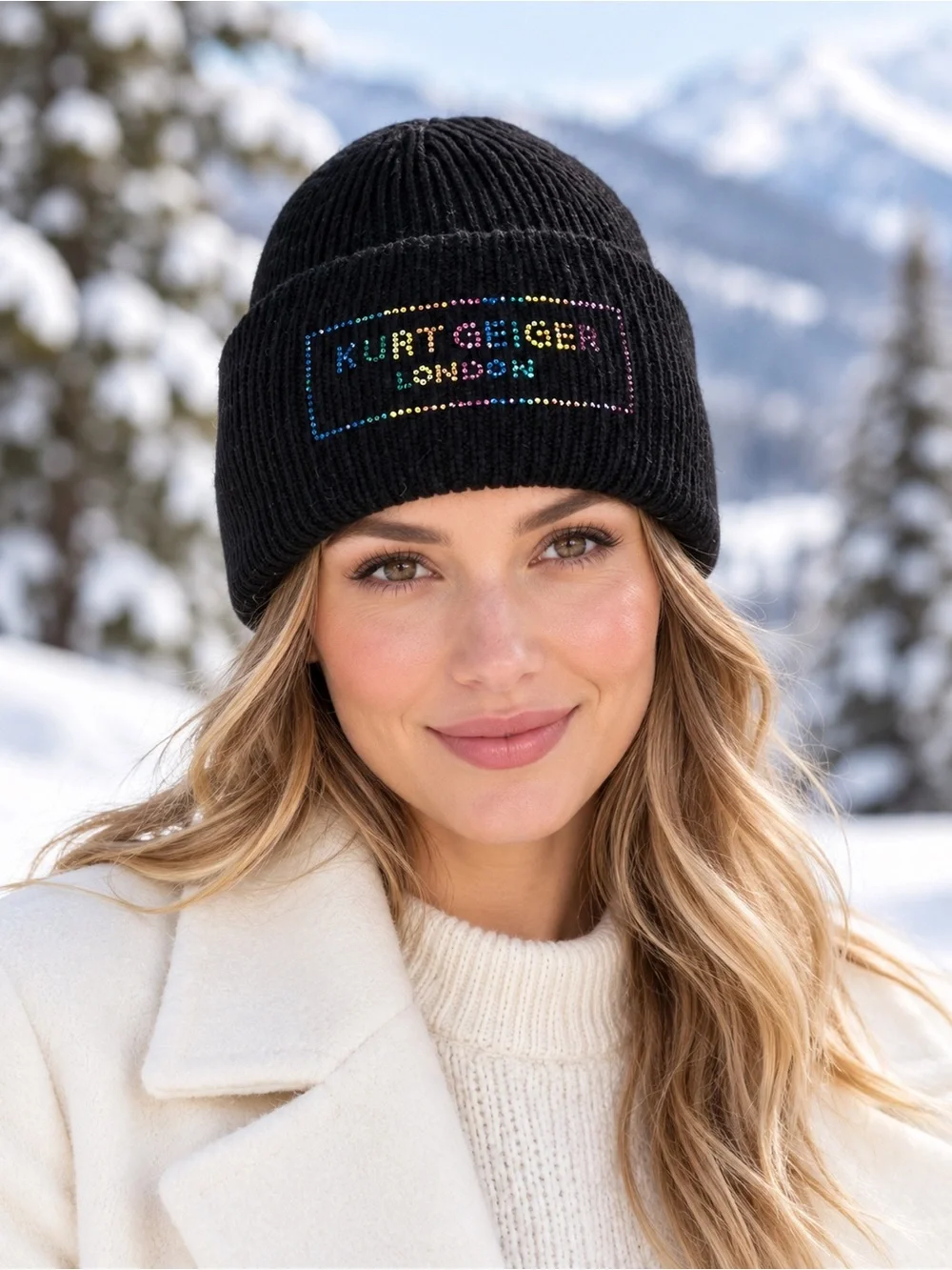 Kurt Geiger London Black Multi-Colored Crystal Logo Cuffed Ribbed Beanie NWOT